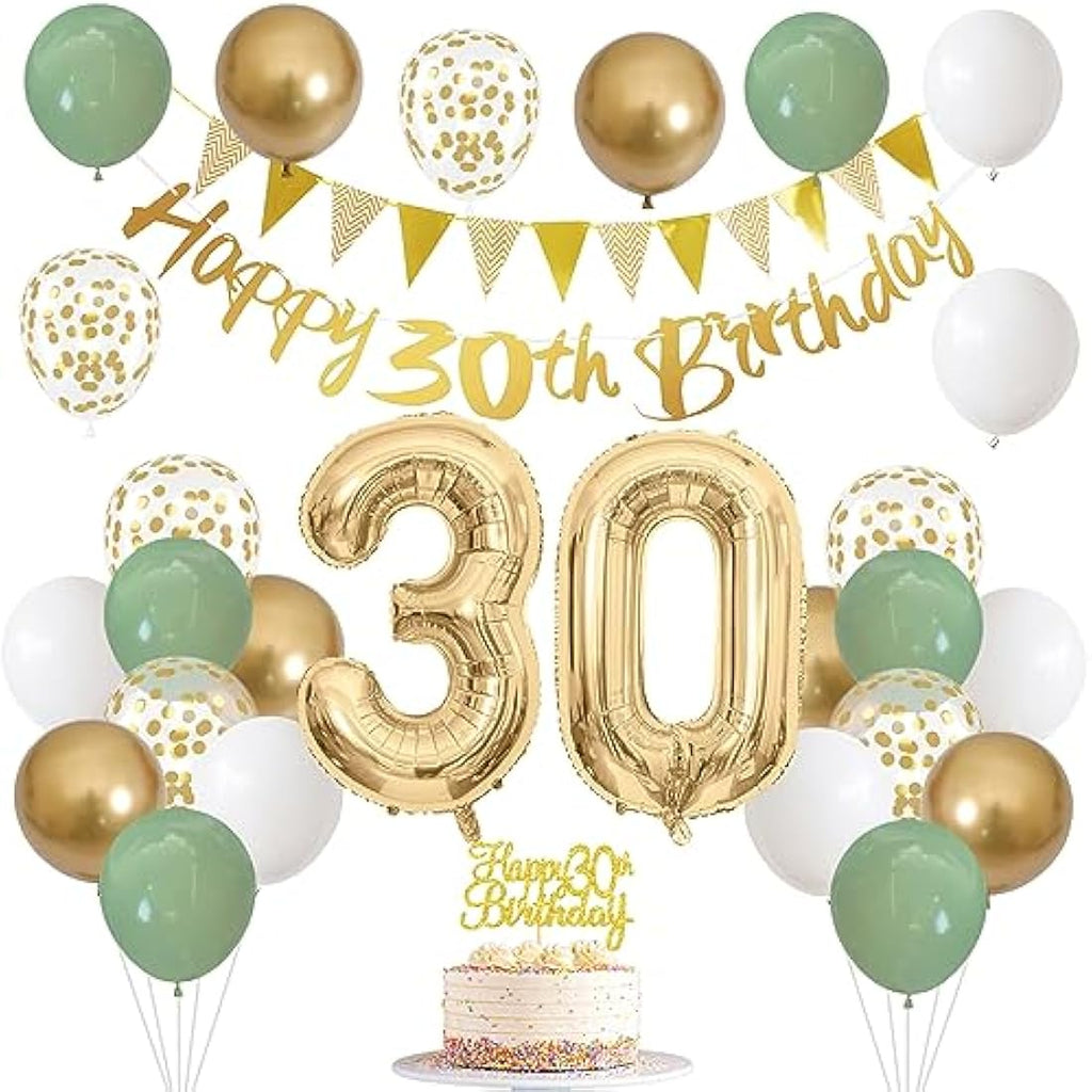 30th Birthday Decorations – Sage Green and Gold Party Kit