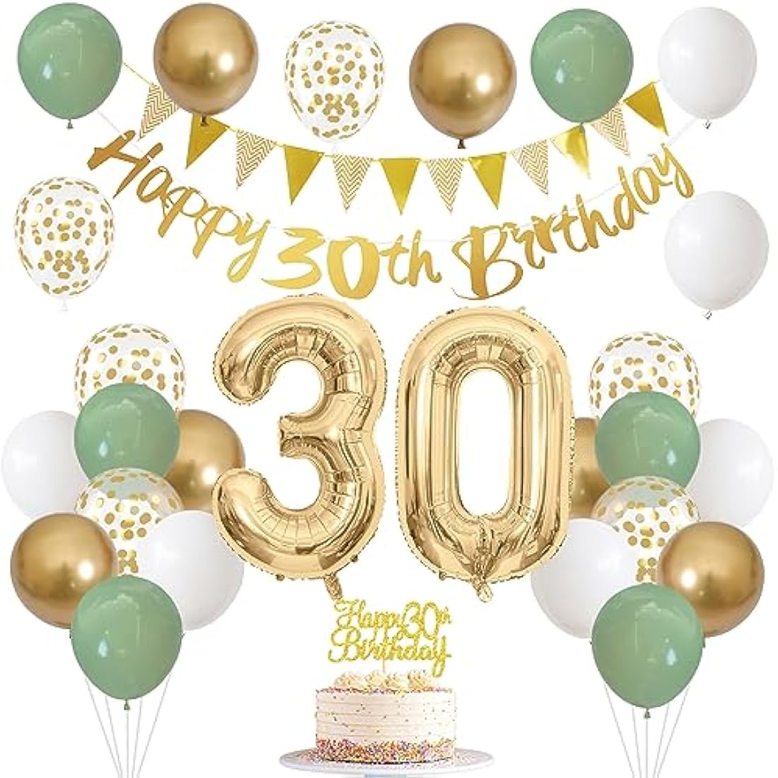 30th Birthday Decorations – Sage Green and Gold Party Kit
