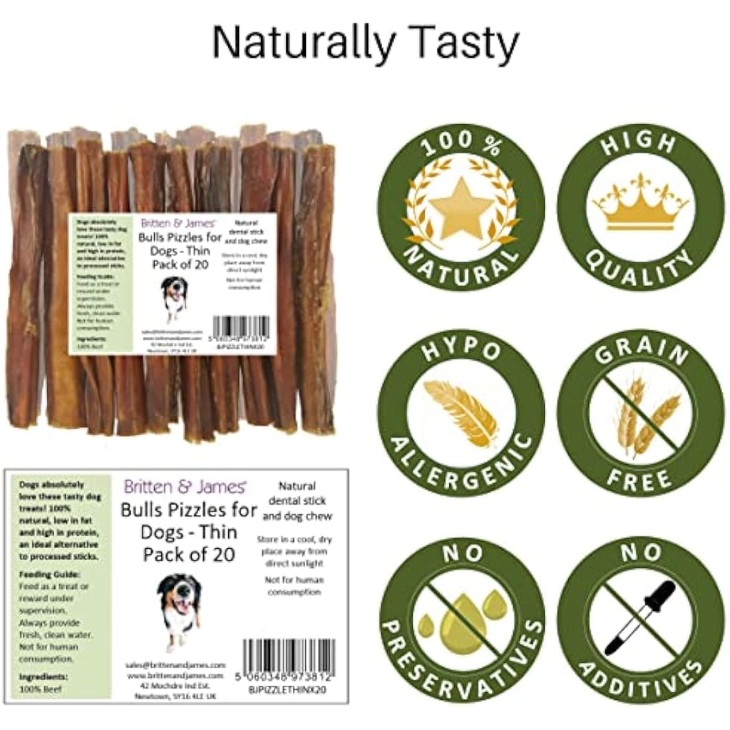 Britten & James 20 Thin Bully Sticks – Natural Beef Pizzle Dog Chews (12cm)
