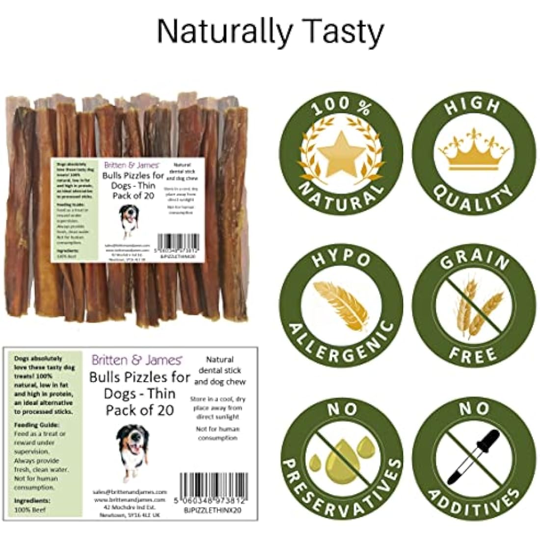 Britten & James 20 Thin Bully Sticks – Natural Beef Pizzle Dog Chews (12cm)