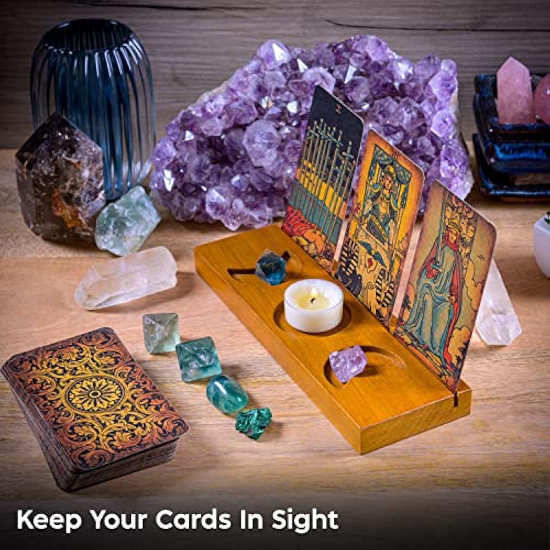 Curawood Triple Moon Wooden Tarot Card Holder Stand - Holds 3 Cards