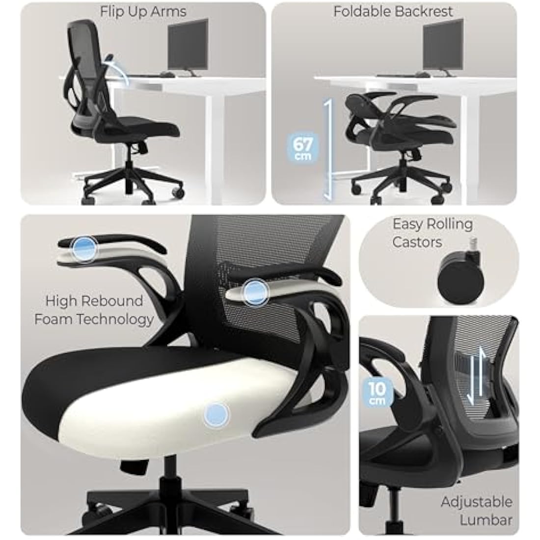 Tervo Model U – Foldable Ergonomic Mesh Office Chair with Flip-Up Arms