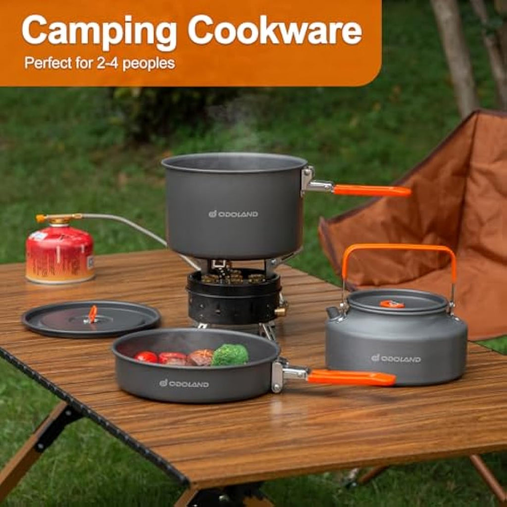 Odoland Camping Cookware Mess Kit – Anodized Aluminum Pot, Pan & Kettle