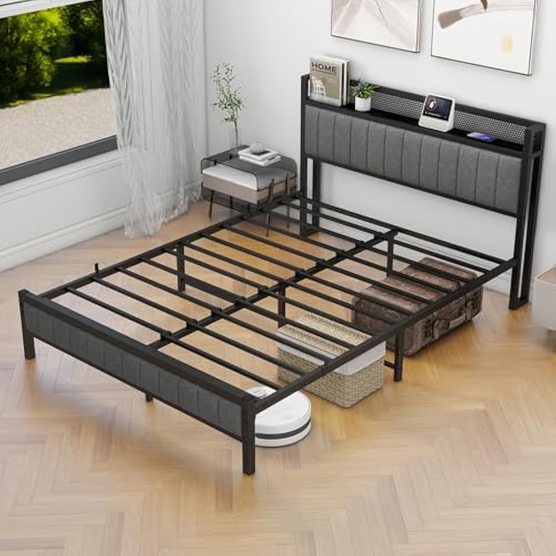 MOFLUT King Size Upholstered Bed Frame with Storage Headboard – Gray