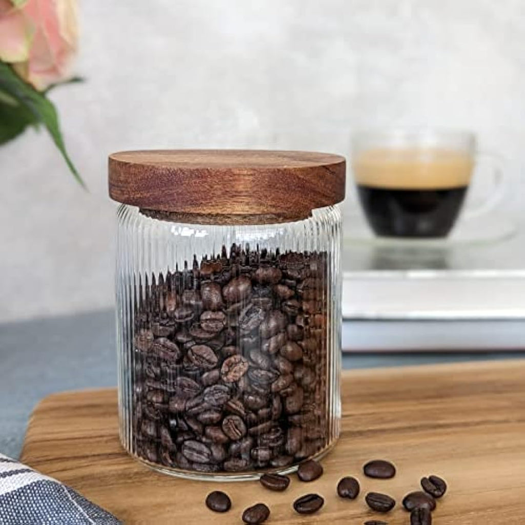Mason & Fable Ribbed Glass Jars with Acacia Wood Lids - 500ml Set of 3