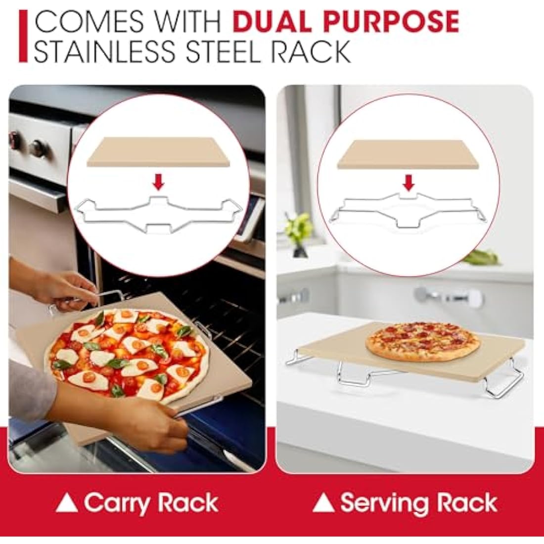 Unicook 30.5cm Square Cordierite Pizza Stone for Oven and Grill with Rack
