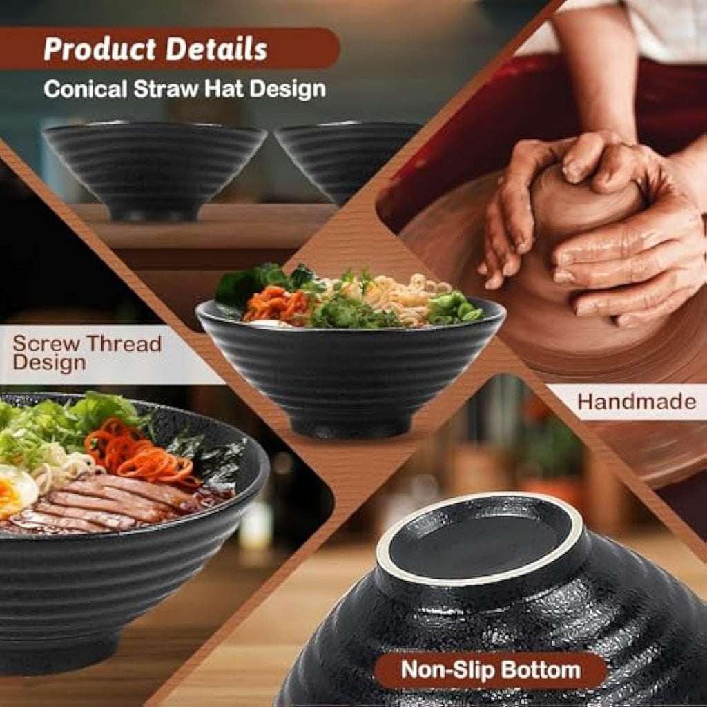 YTLEMON Ceramic Ramen Bowl Set of 2 | 34oz Japanese Noodle Bowls - Black