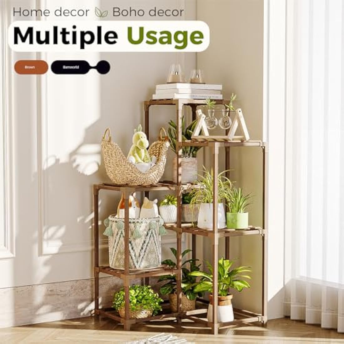 Bamworld 7-Tier Corner Plant Stand | Carbonized Eucalyptus Wood Rack