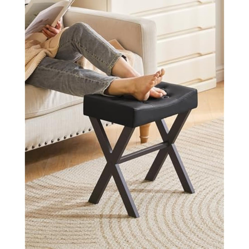 IBUYKE U-Shaped PU Leather Vanity Stool - Black X-Leg Makeup Ottoman