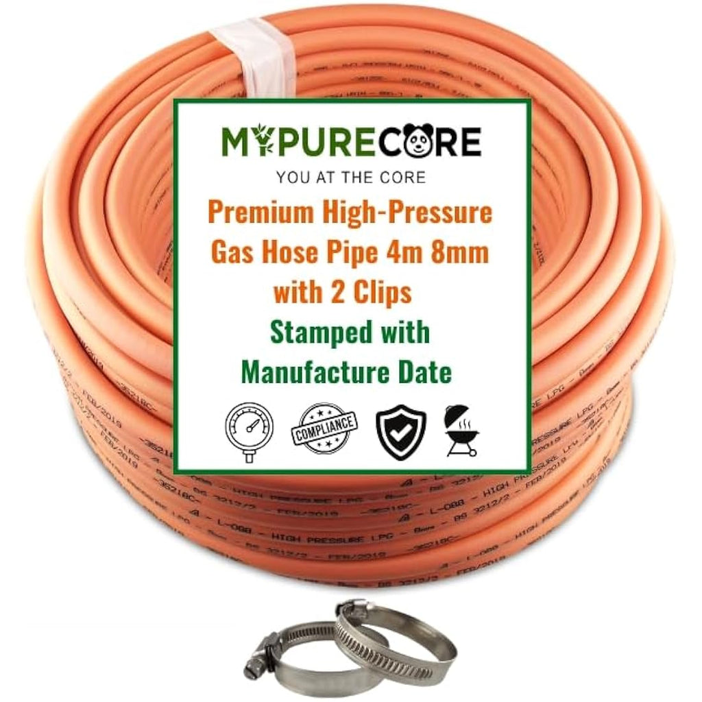 MYPURECORE 4m 8mm High-Pressure Gas Hose Pipe with 2 Clips for LPG BBQ