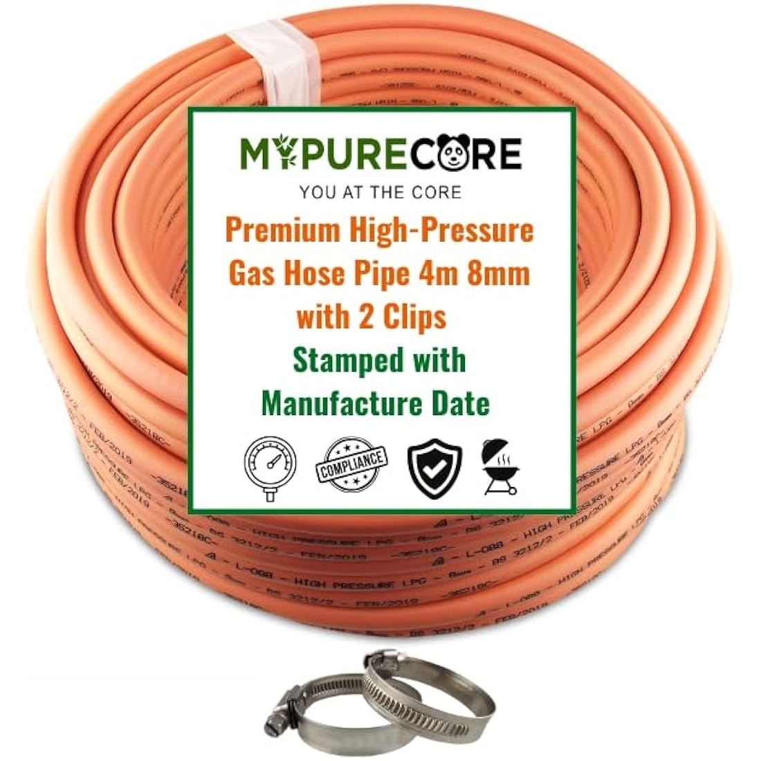 MYPURECORE 4m 8mm High-Pressure Gas Hose Pipe with 2 Clips for LPG BBQ
