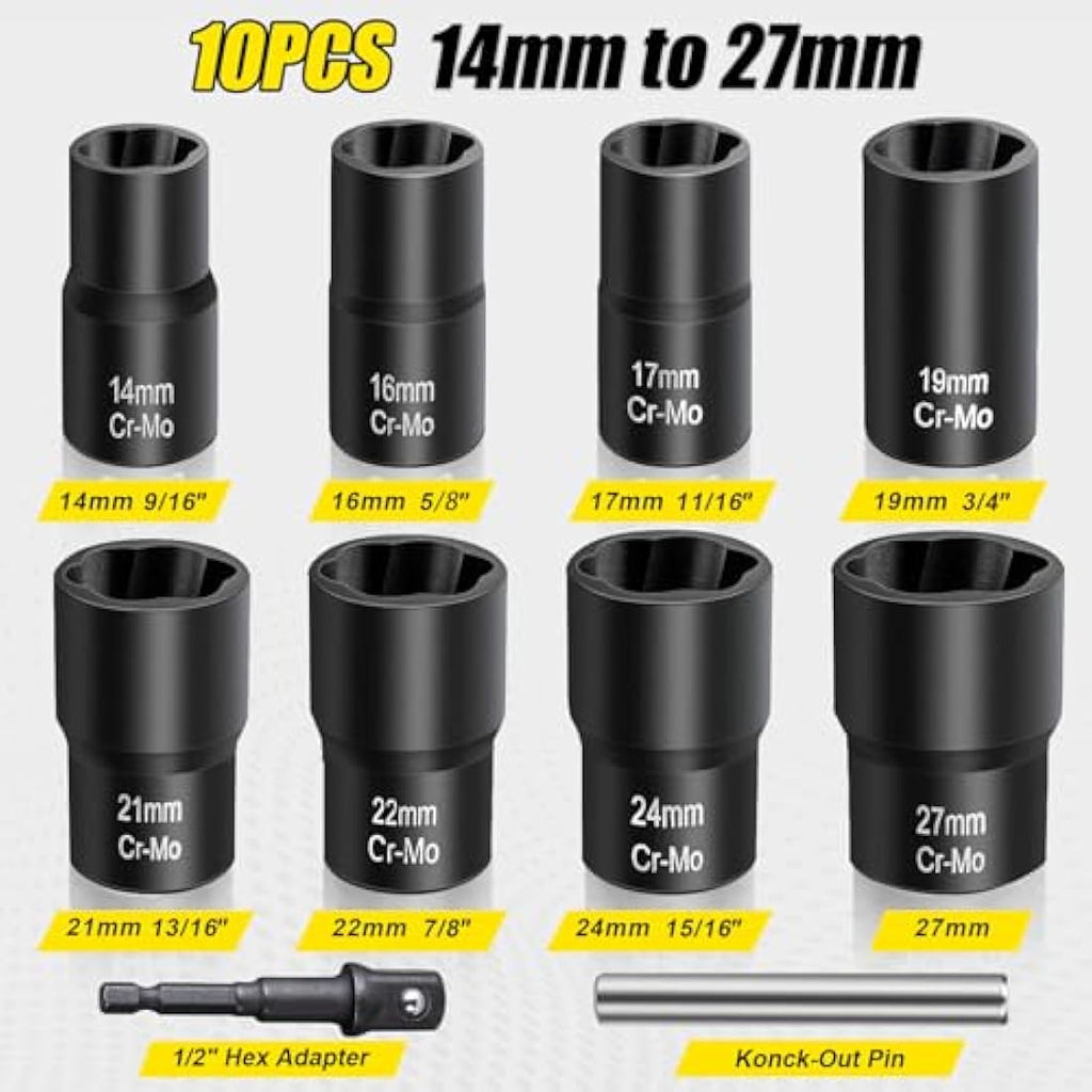Topec 10-Piece Bolt Extractor Set | 1/2" Drive Cr-Mo Lug Nut Remover Kit