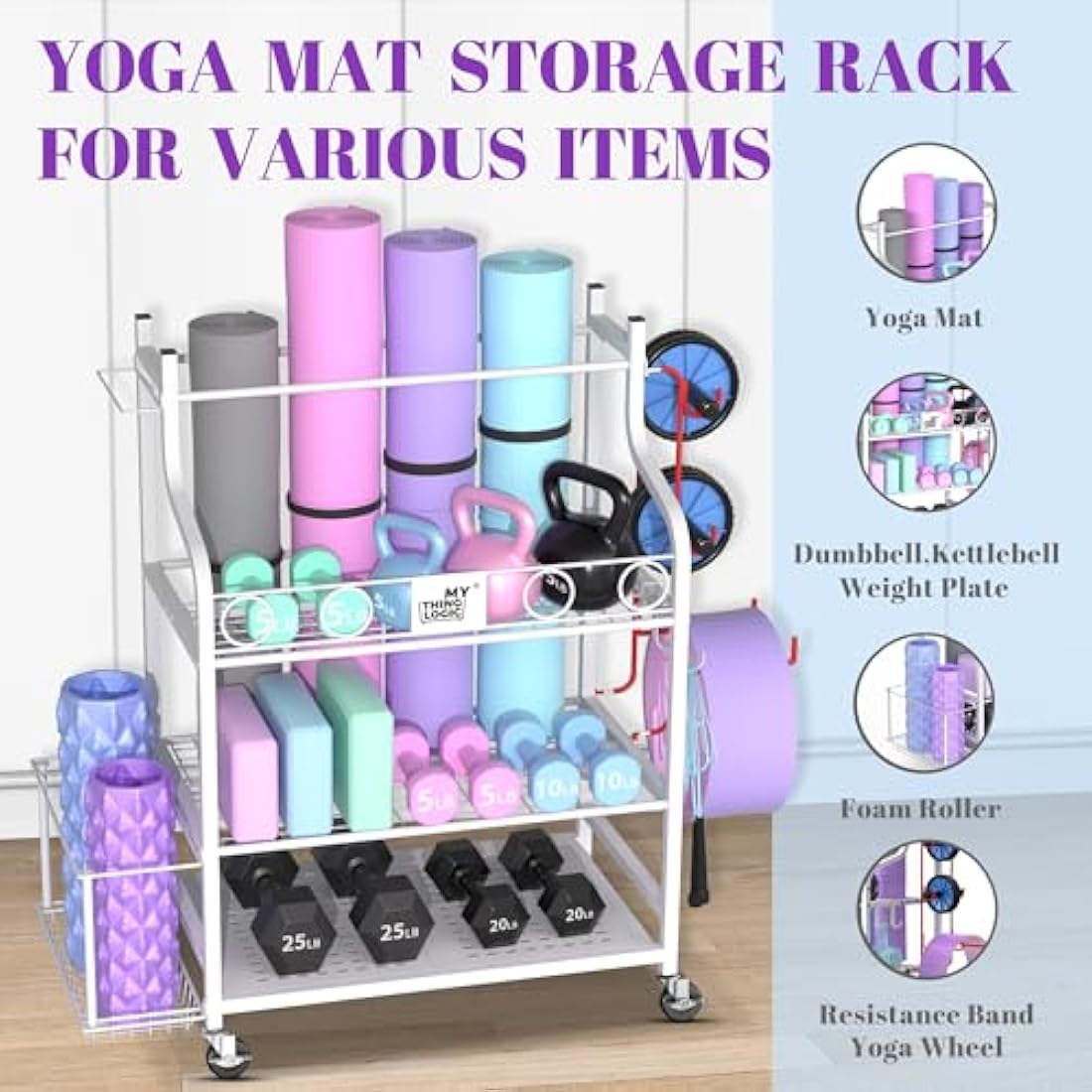 Mythinglogic Home Gym Storage Rack – Rolling Weight Rack for Yoga Mats