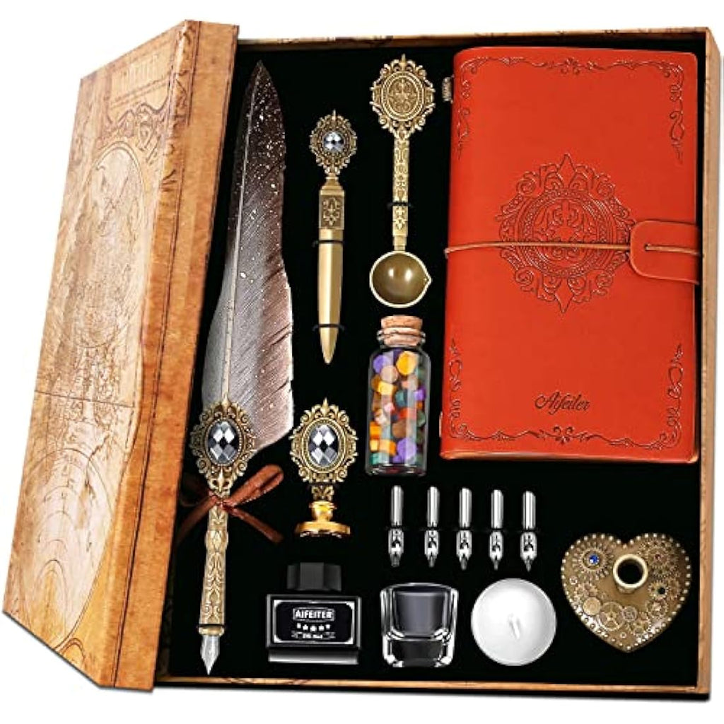 MPRINCE Feather Quill Pen and Ink Set with Notebook & Wax Seal - Grey