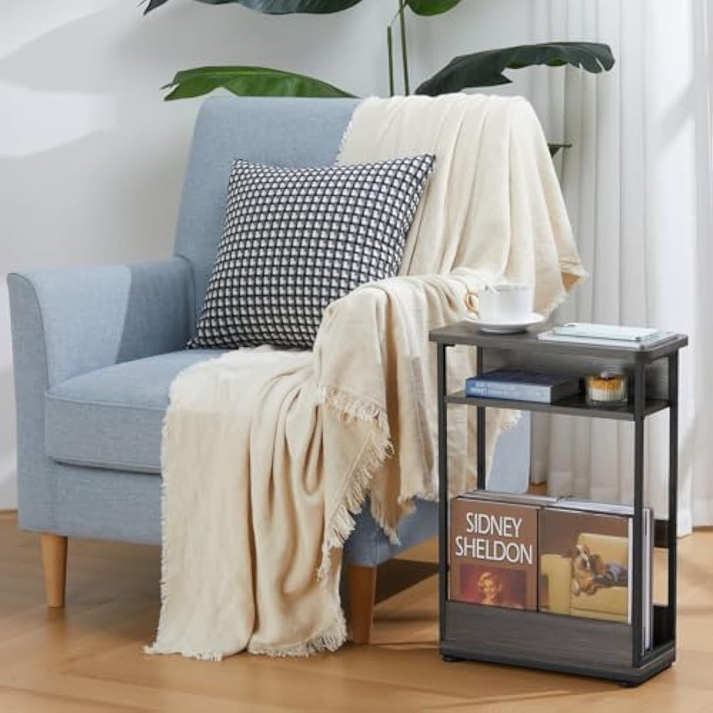 YEAKOO Narrow Side Table – Skinny Nightstand with Magazine Rack, Grey