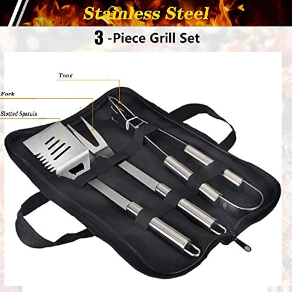 3-Piece Stainless Steel BBQ Grill Tool Set with Storage Bag