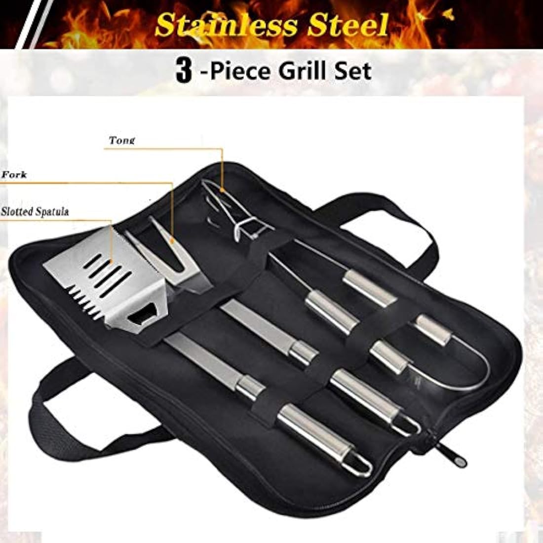 3-Piece Stainless Steel BBQ Grill Tool Set with Storage Bag