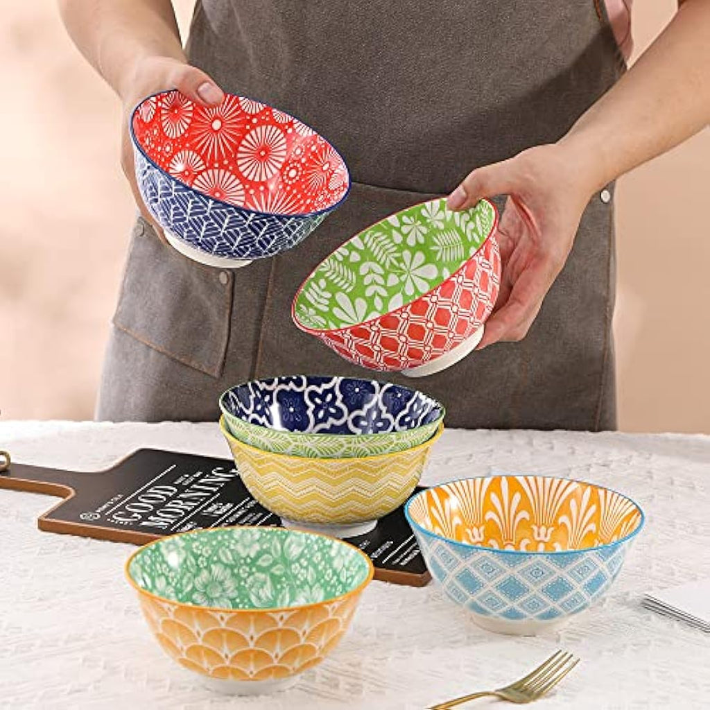 AHX Ceramic Cereal Bowls Set of 6 – 23oz Colorful Geometric Soup Bowls