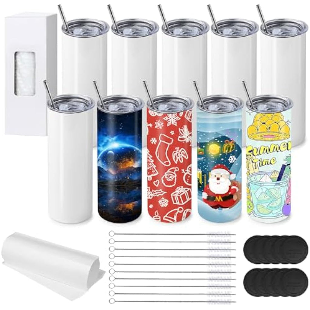 Jolof Store 20 oz Sublimation Tumblers | 10 Pack White Skinny Stainless Steel