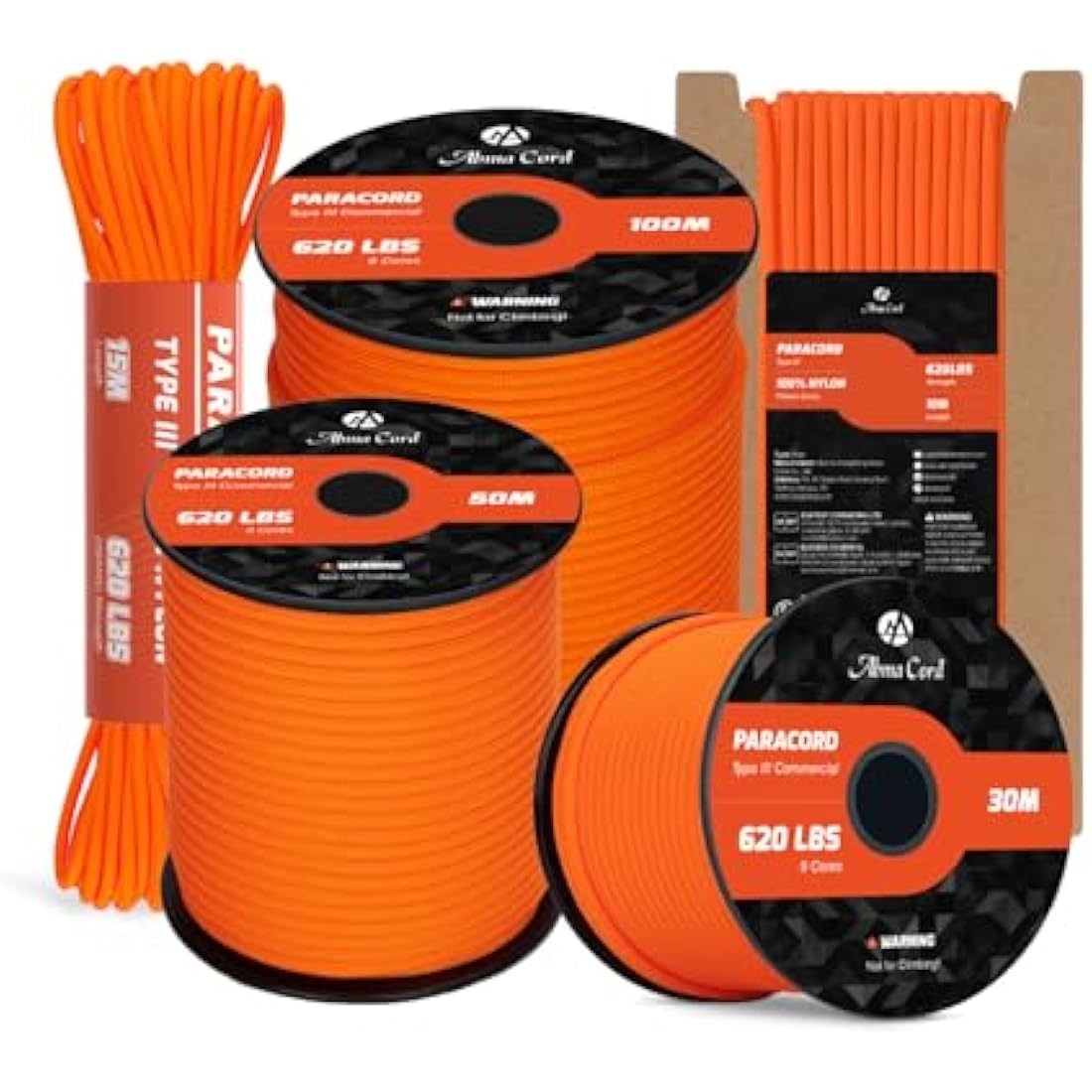 Abma Cord 4mm Nylon Paracord – 100m Type III 9-Strand Rope, Orange