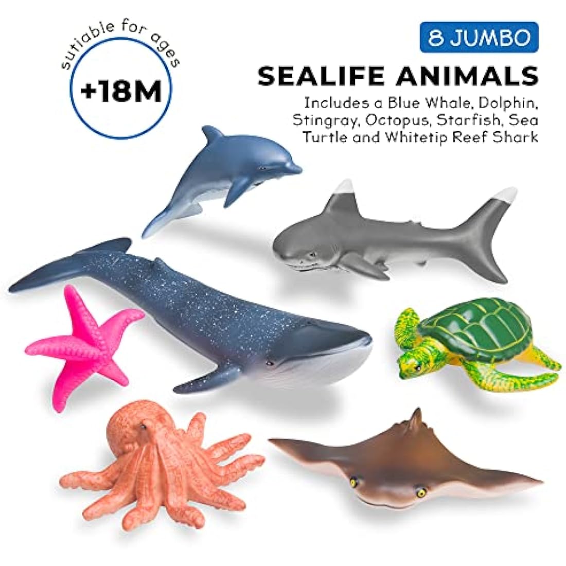 Learning Minds Jumbo Sea Animal Figures – 7 Piece Vinyl Ocean Toy Set