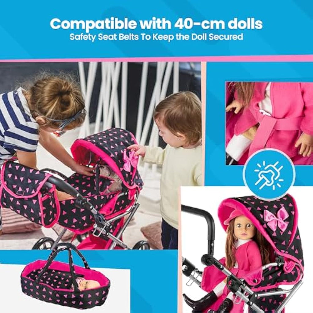 Kinderplay 3-in-1 Doll Pram – Adjustable Toy Stroller for Girls, KP0200R