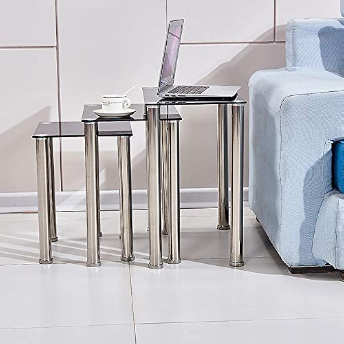 Nesting Tables – Set of 3 Glass and Stainless Steel Tables