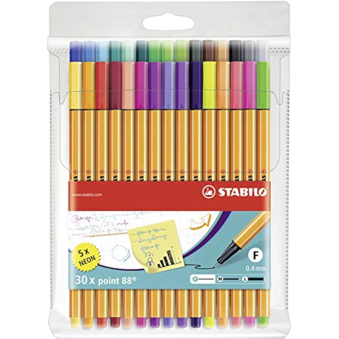 STABILO Point 88 Fineliner Pens - 30 Assorted Colors with 5 Neons