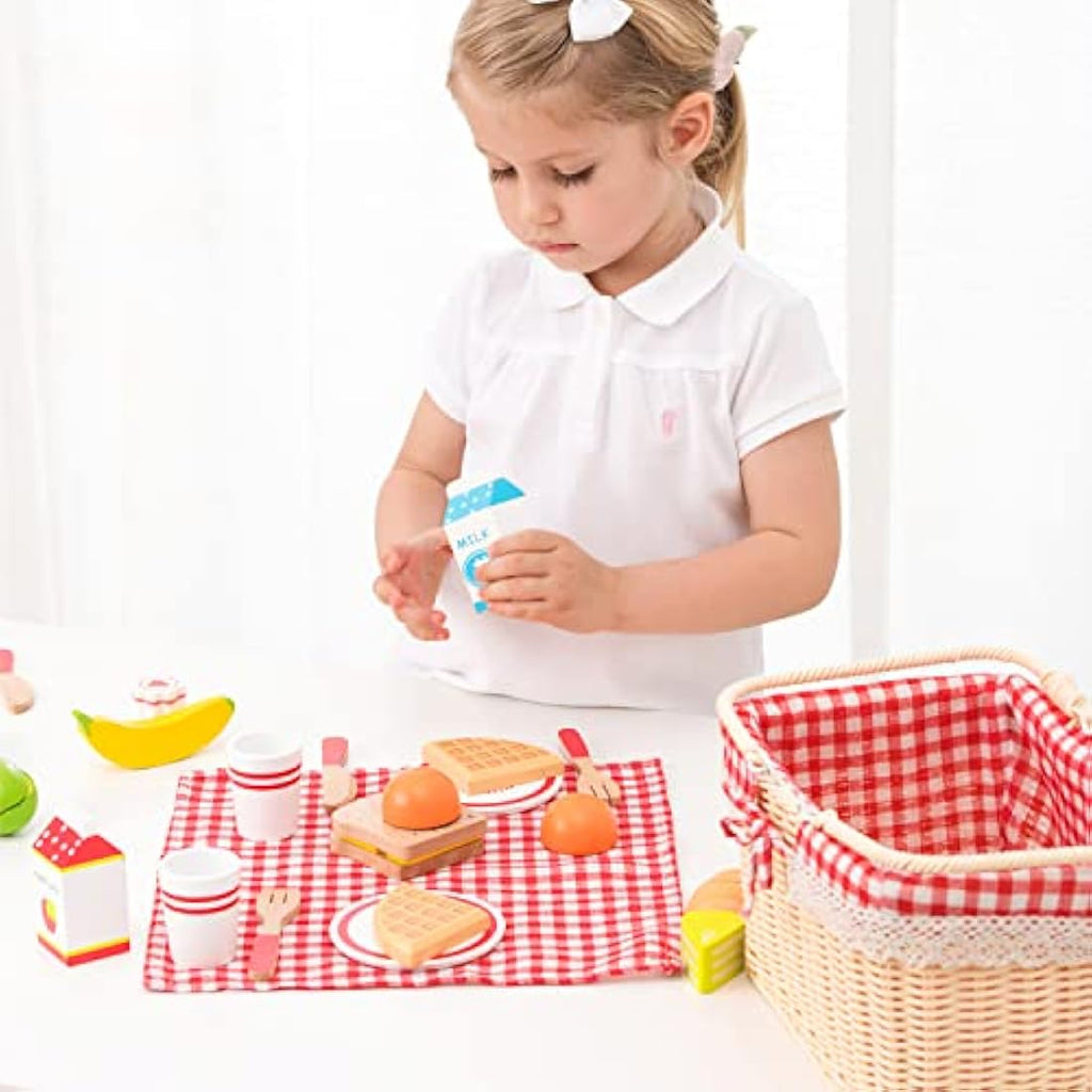 New Classic Toys Wooden Picnic Basket Set – Montessori Pretend Play Food
