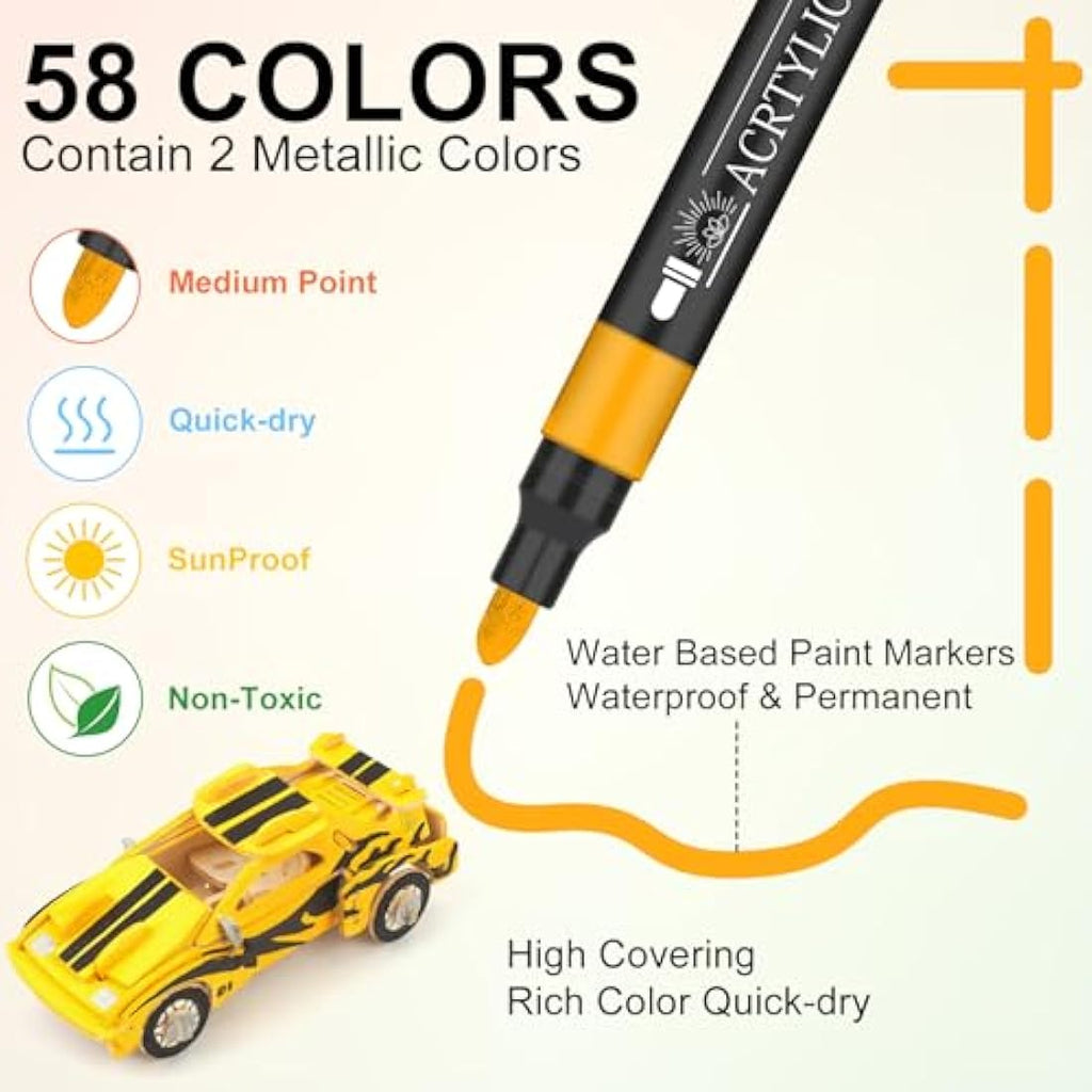 NICETY Acrylic Paint Pens - 58 Colors 3mm Medium Tip Markers for Rock Art