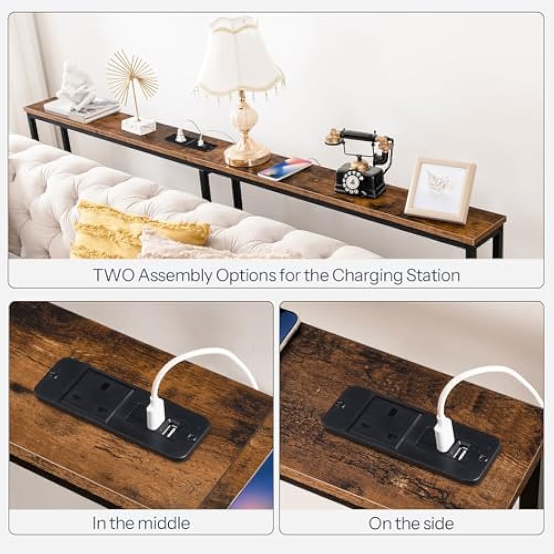 HOOBRO 160cm Narrow Console Table with Charging Station | Rustic Brown