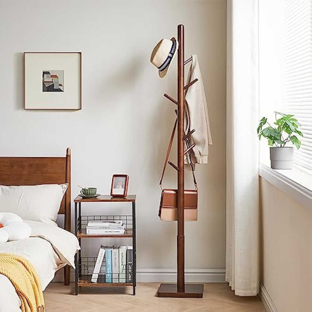 YMYNY Wooden Coat Rack Stand – 8 Hooks Height Adjustable Hall Tree