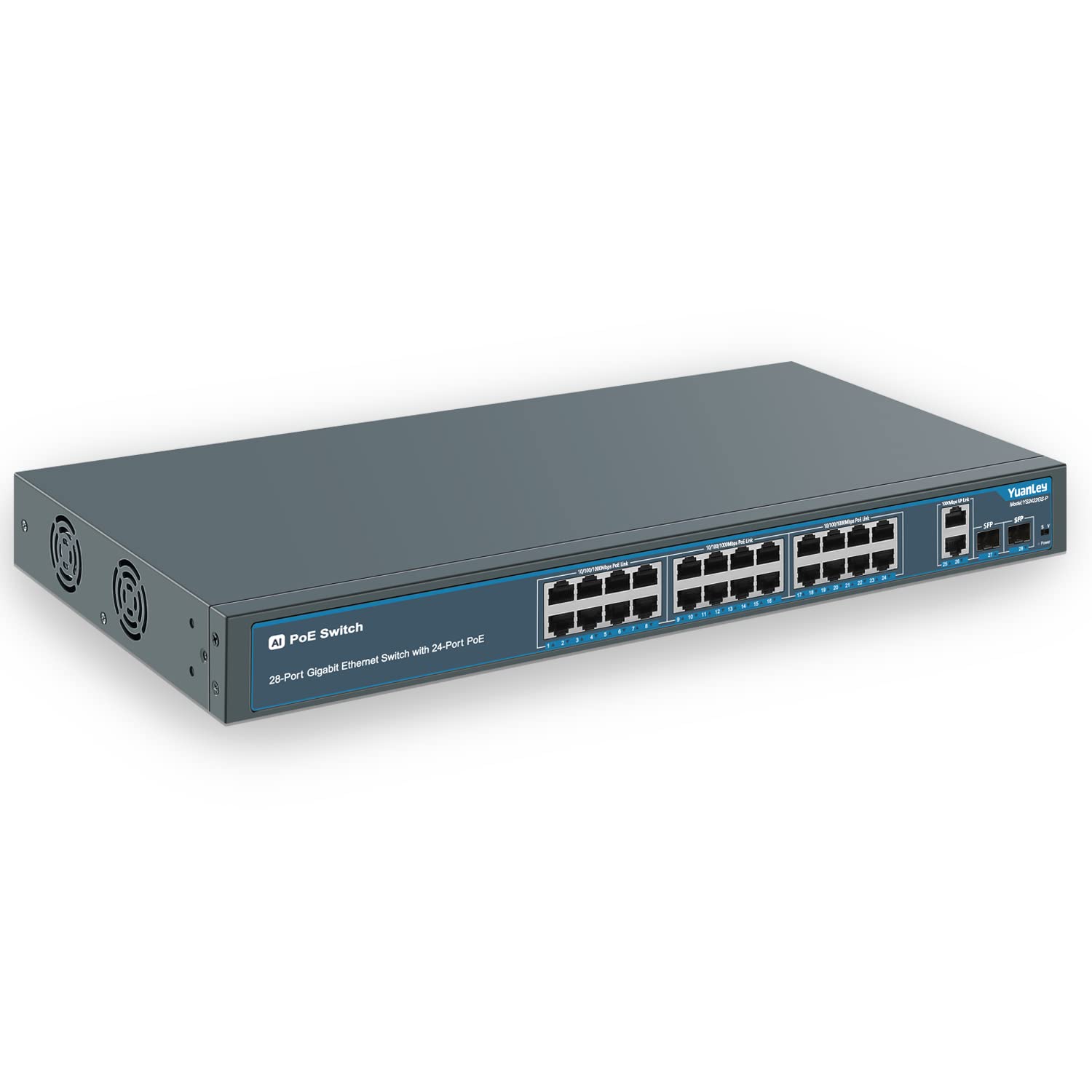 YuanLey 28 Port Gigabit PoE Switch | 24 PoE+ @ 400W, 2 SFP, Rack Mount