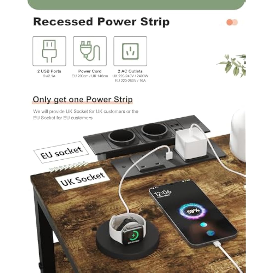 Lutown Bedside Table with Charging Station and 2 Drawers – Rustic Brown
