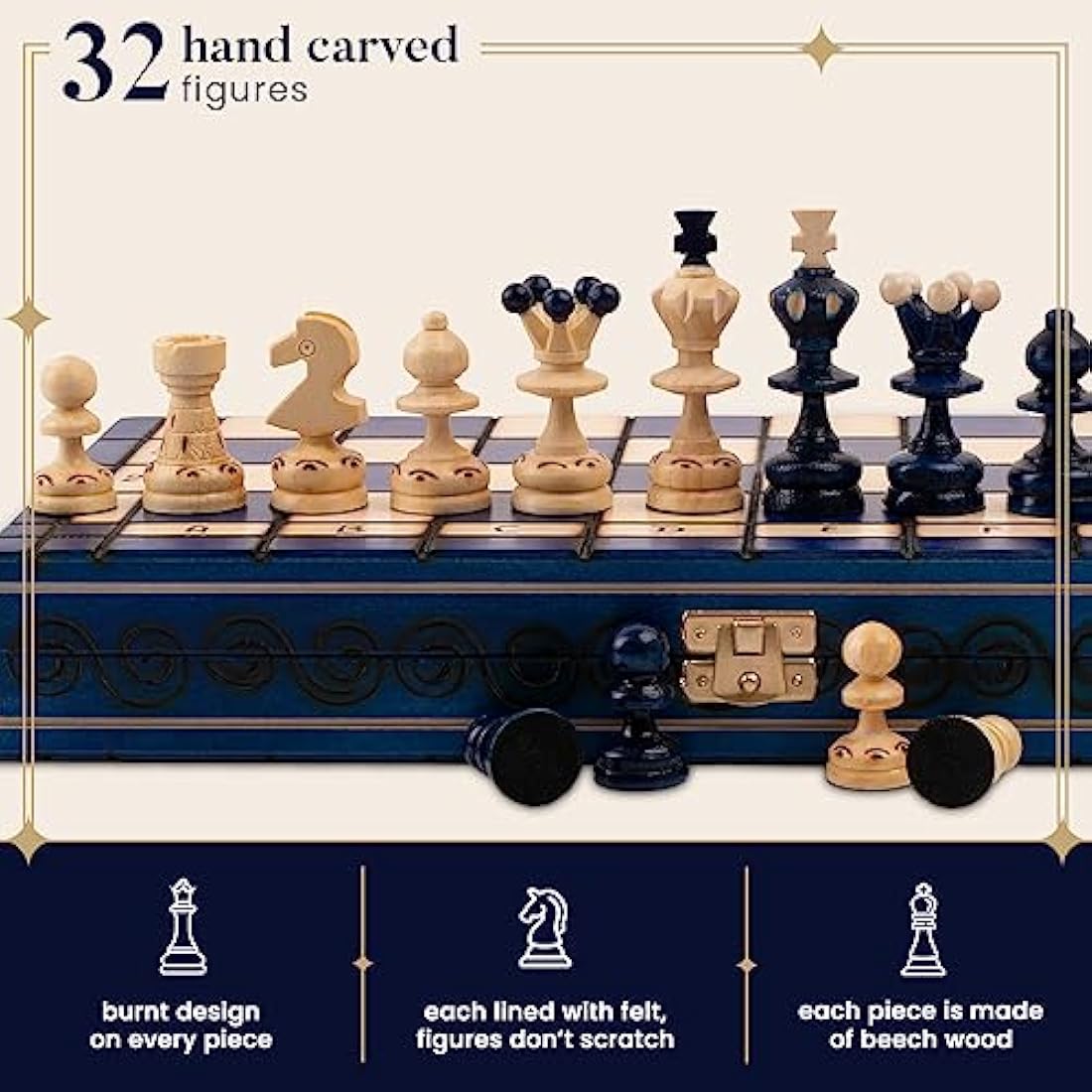 Master of Chess 13.8" Blue Wooden Chess Set – Handmade Travel Board
