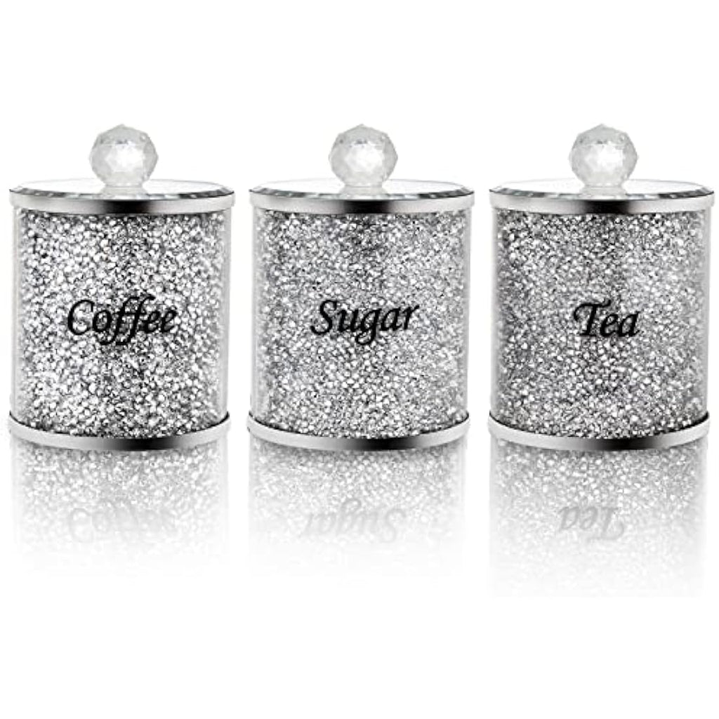 Jolof Store 3-Pack Crushed Diamond Glass Coffee Tea Sugar Canister Set