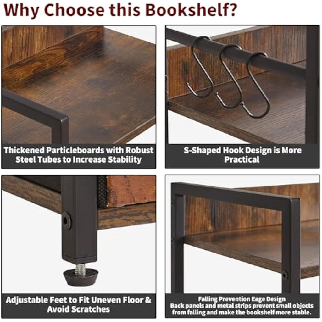 Aibiju 5-Tier Industrial Bookshelf with Fabric Drawers – Rustic Brown