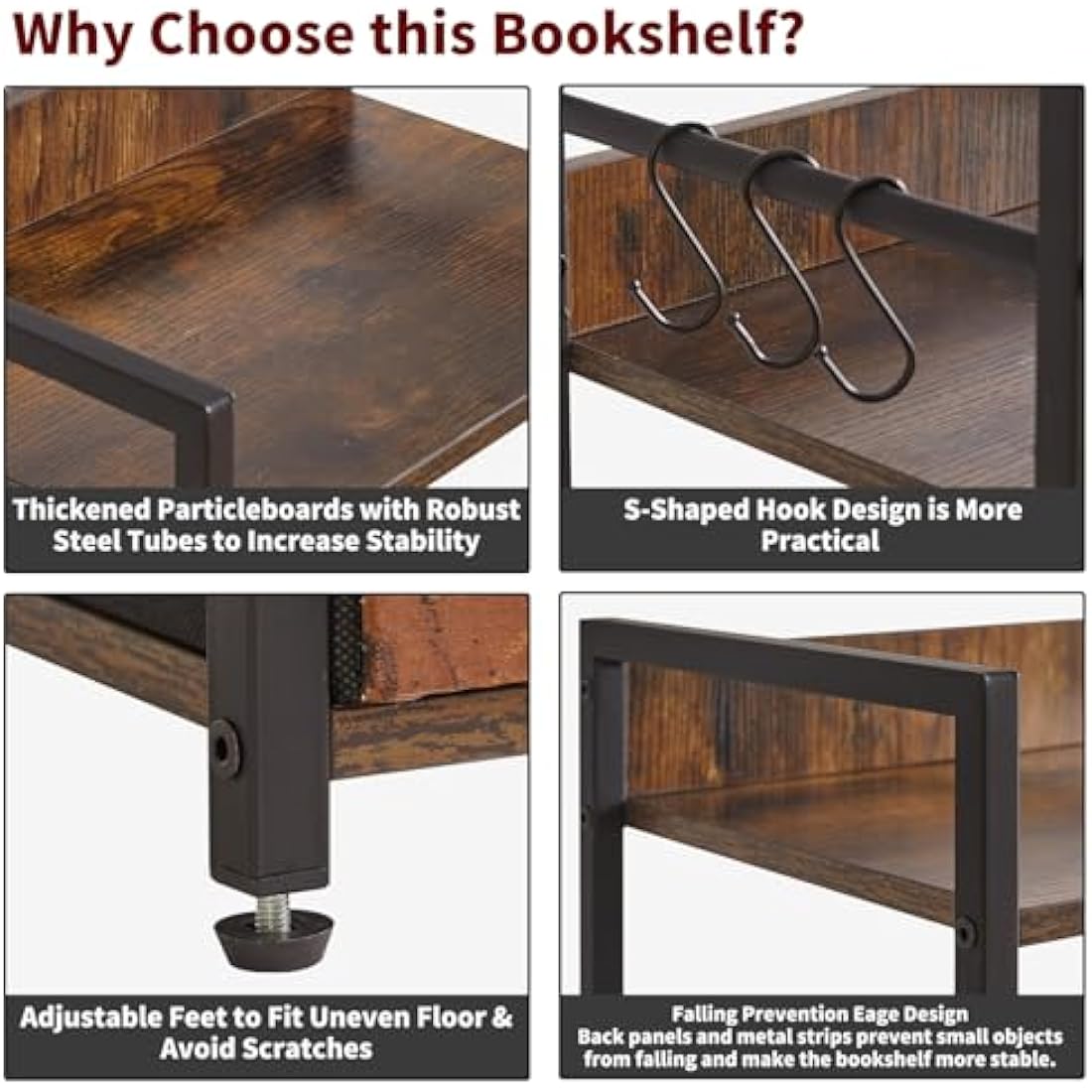 Aibiju 5-Tier Industrial Bookshelf with Fabric Drawers – Rustic Brown