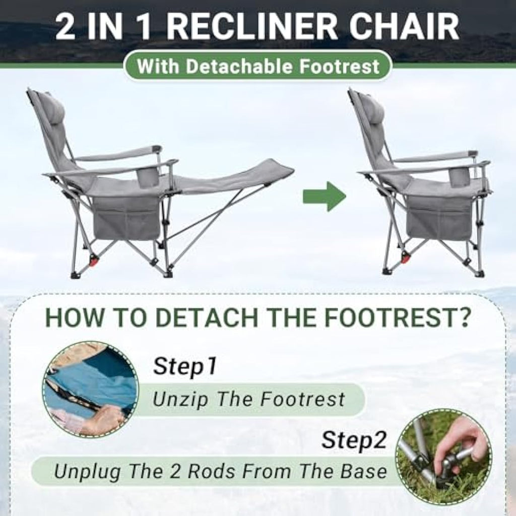 WEJOY Folding Reclining Camping Chairs with Footrest, Grey Padded - Set of 2