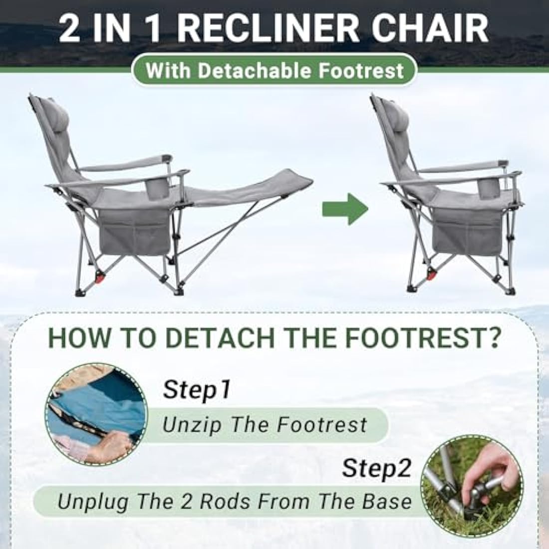 WEJOY Folding Reclining Camping Chairs with Footrest, Grey Padded - Set of 2