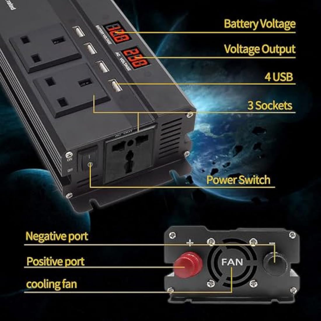 LVYUAN 1200W Power Inverter 12V to 240V AC | 3 UK Sockets & 4 USB Ports