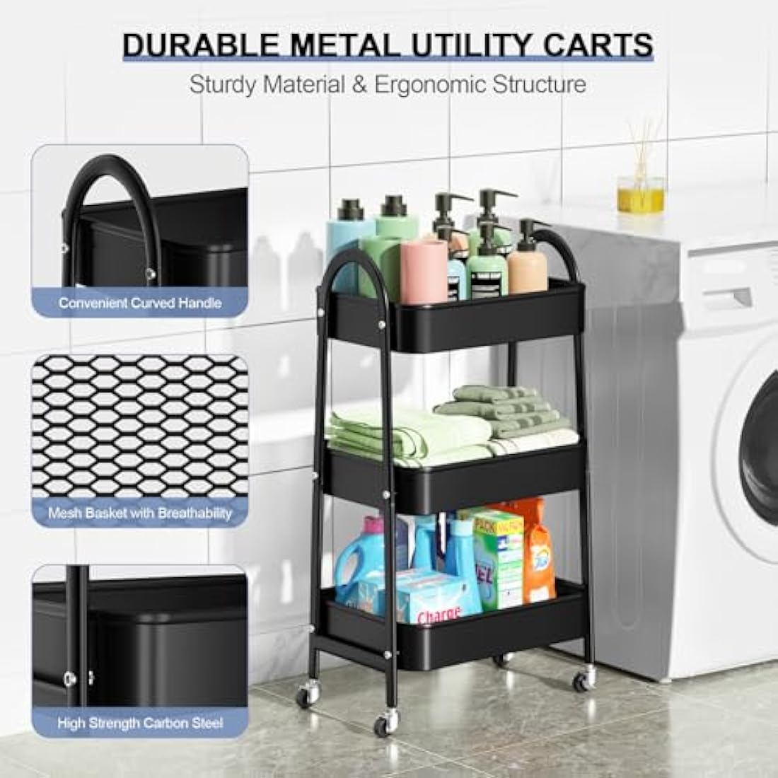 EAGMAK 3-Tier Metal Rolling Utility Cart with Handle and Wheels - Black