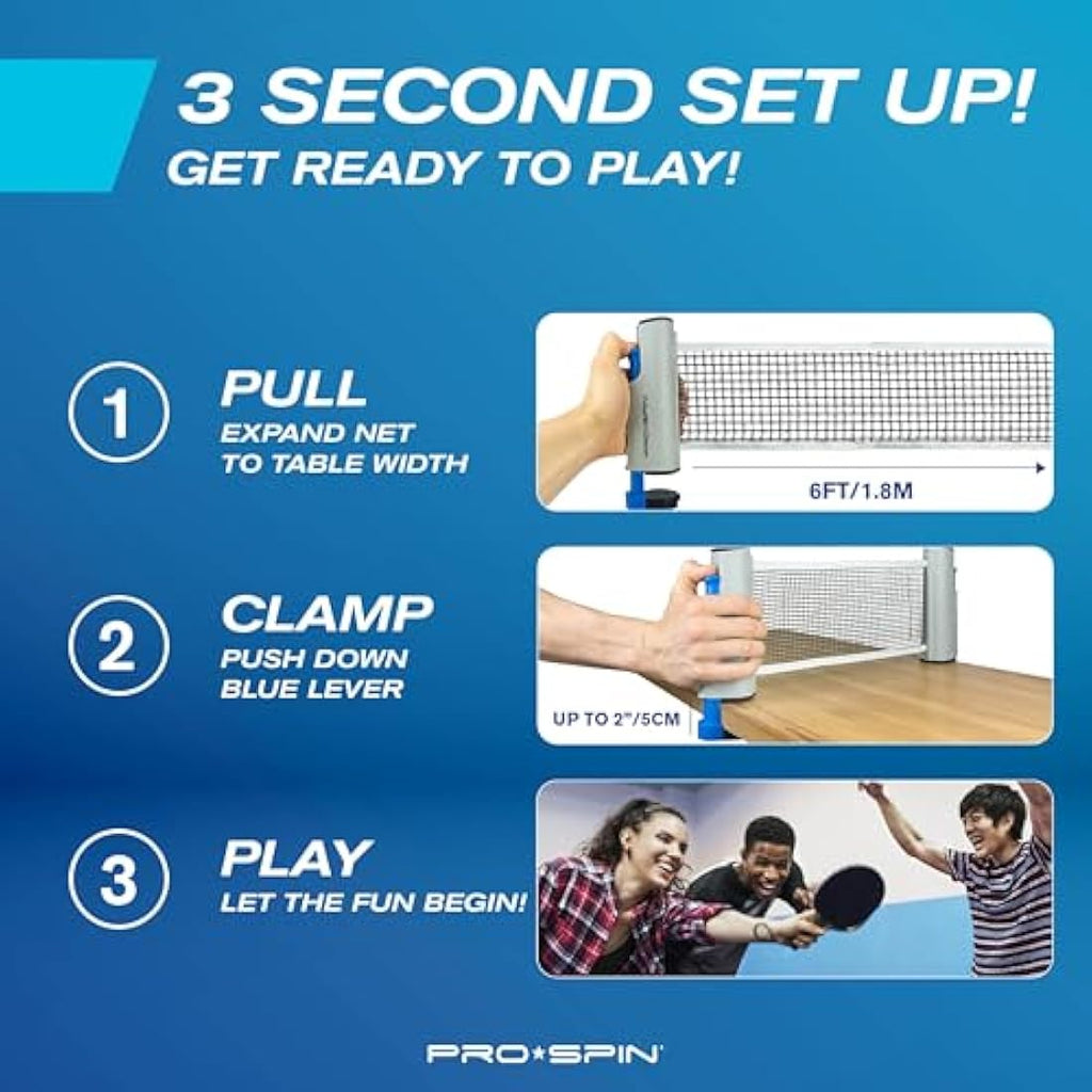 PRO SPIN Portable Table Tennis Set – Retractable Net, Bats & 3-Star Balls
