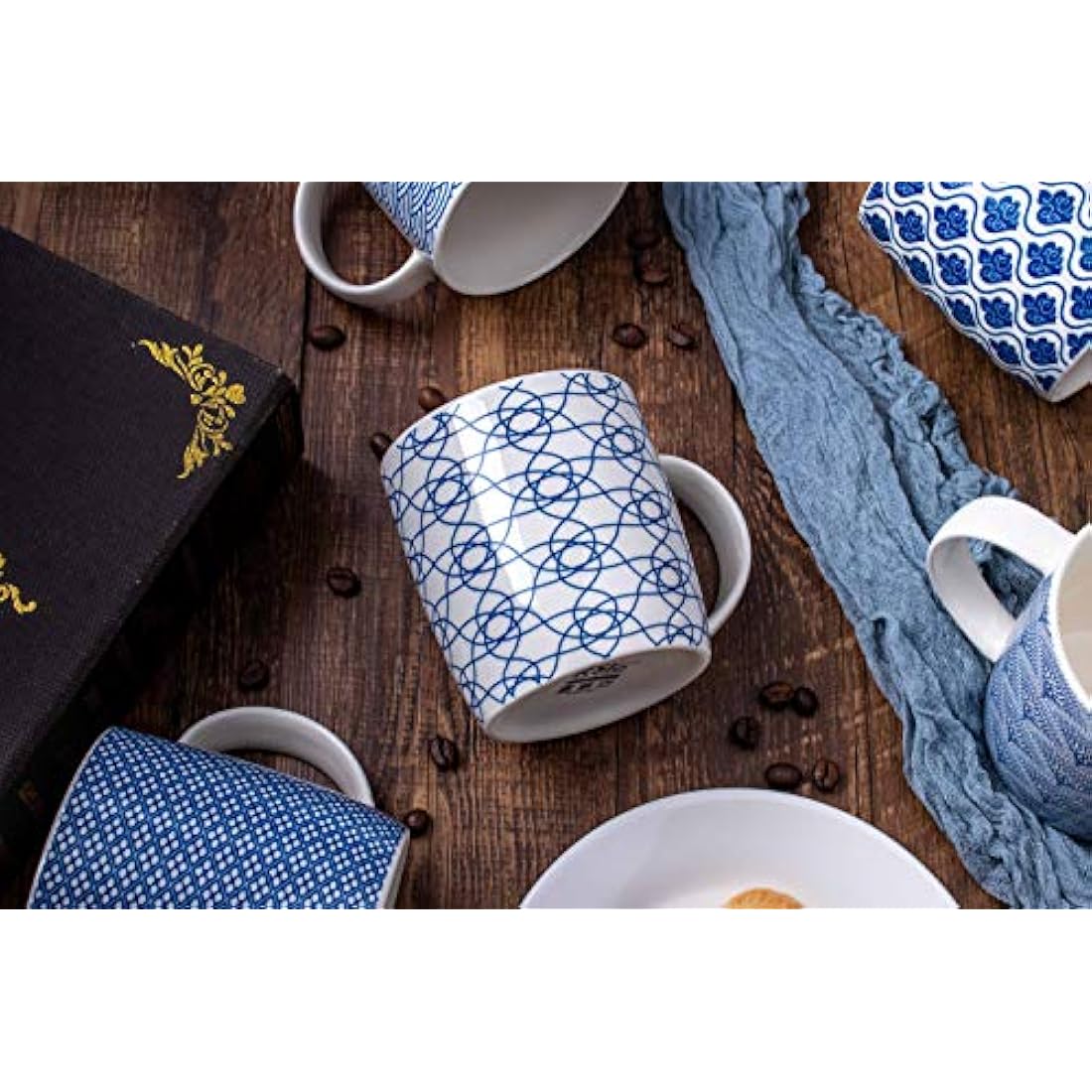 MACHUMA Ceramic Coffee Mugs - 6 Pack Blue & White Geometric Cup Set