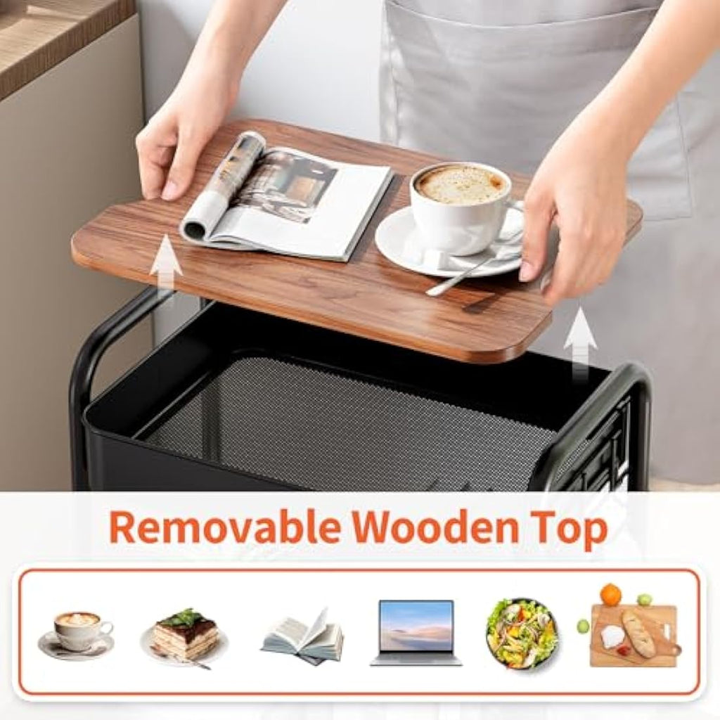 KINGRACK 3-Tier Metal Rolling Storage Trolley with Wooden Worktop