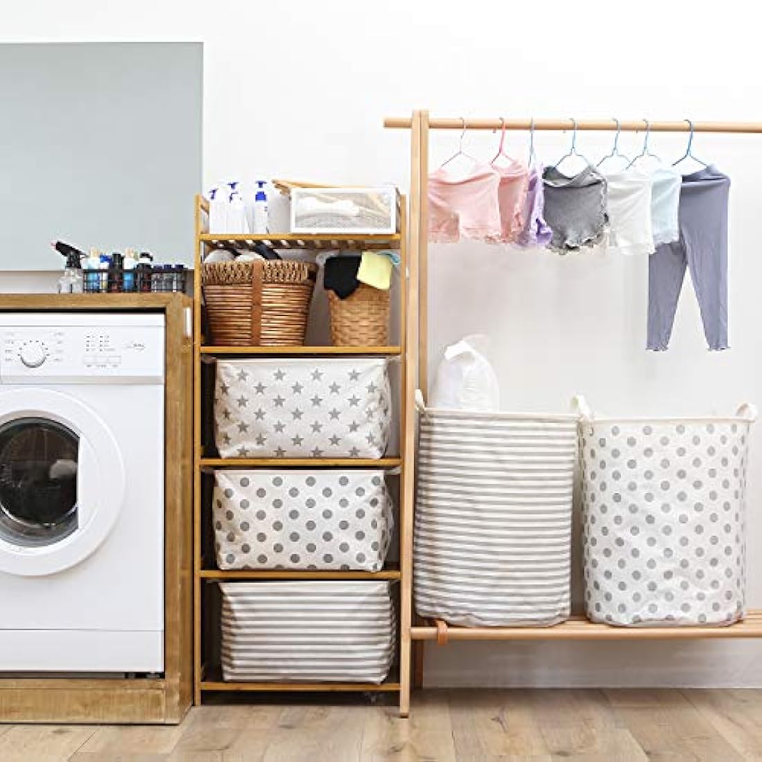 Sea Team Large Waterproof Cotton Laundry Hamper – Grey Stripe Storage Basket