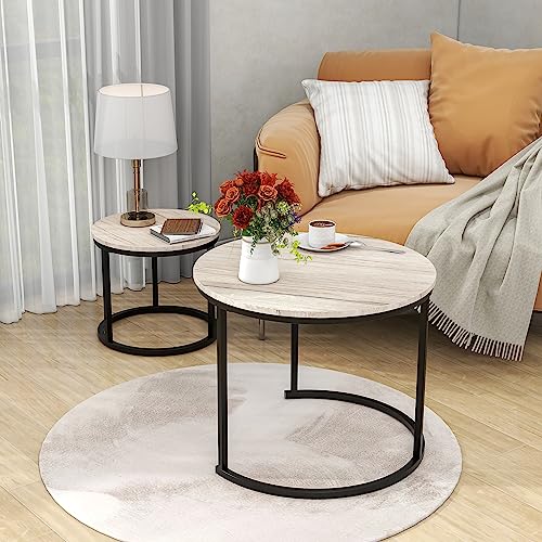 HOJINLINERO Round Nesting Coffee Table Set of 2 – Rustic Brown Wood