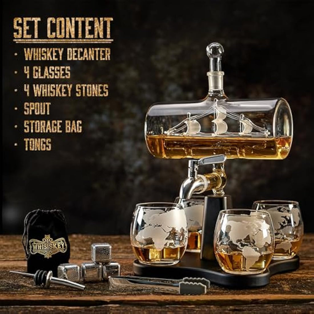 Whisiskey Ship Whiskey Decanter Set - 1100ml Carafe with 4 Glasses