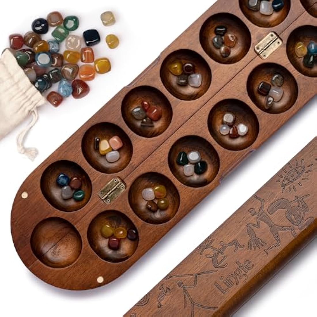 Jolof Store Wooden Mancala Set | Foldable Board with Natural Gemstones