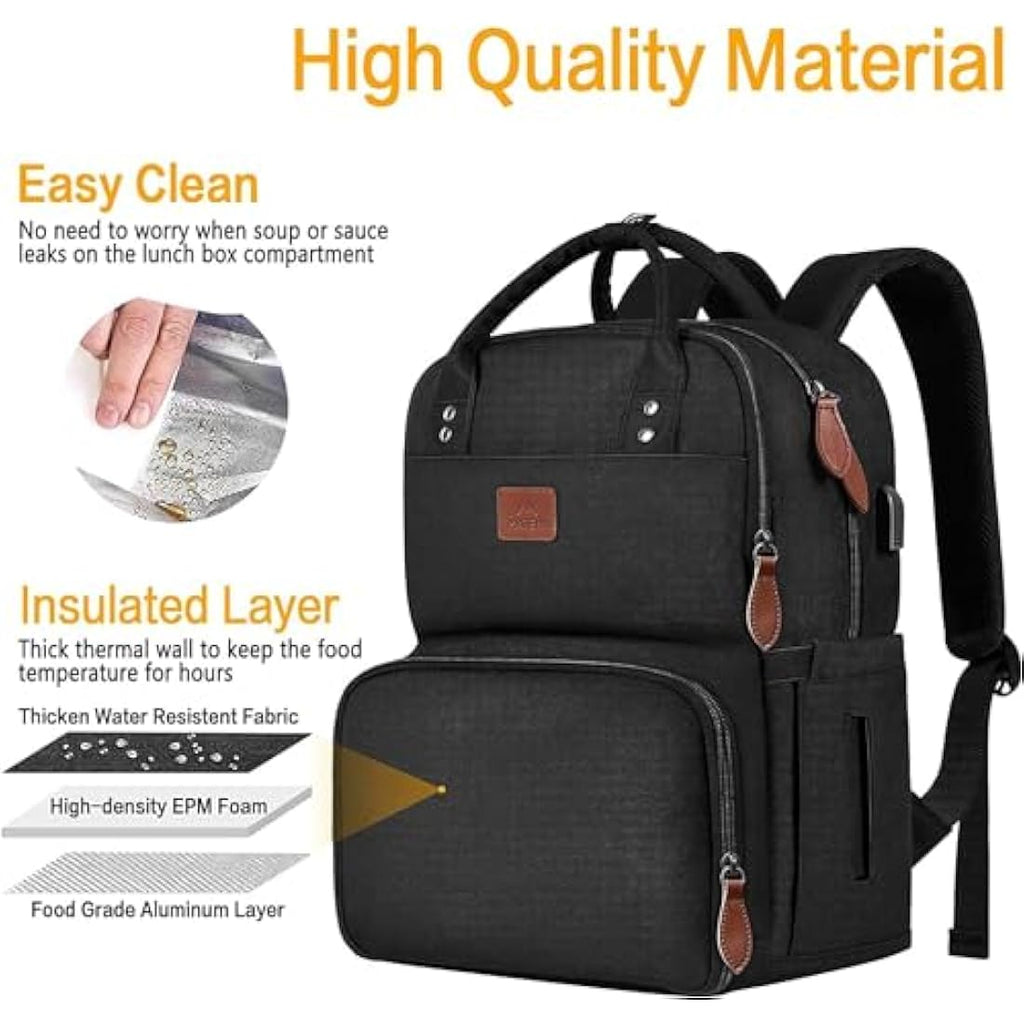 Matein 17 Inch Laptop Lunch Backpack | Insulated Cooler & USB Port – Black